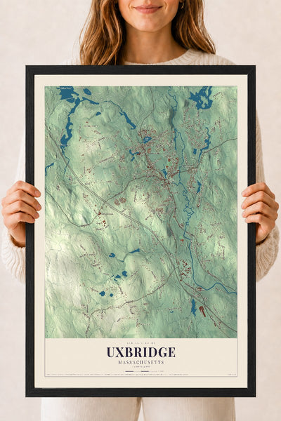 Uxbridge, Massachusetts map print - 18 x 24 black Ayous wood frame