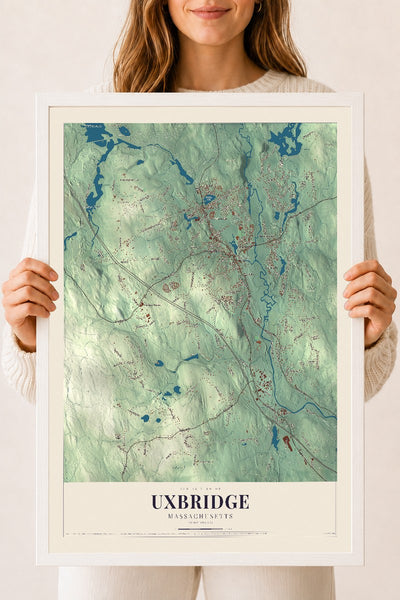 Uxbridge, Massachusetts map print - 18 x 24 white Ayous wood frame