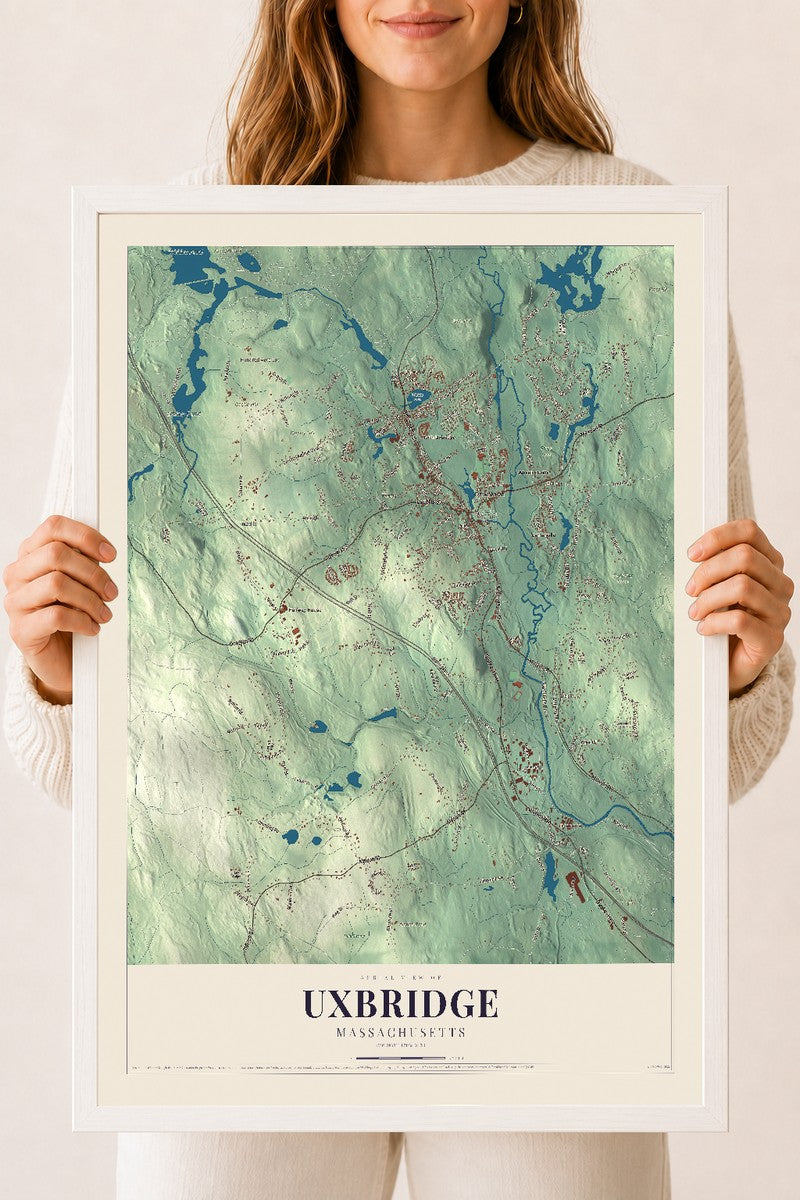Uxbridge, Massachusetts map print - 18 x 24 white Ayous wood frame