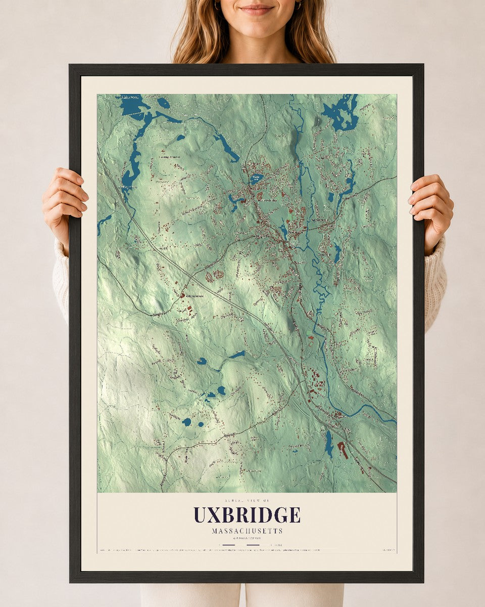 Uxbridge, Massachusetts map print - 24 x 36 black Ayous wood frame