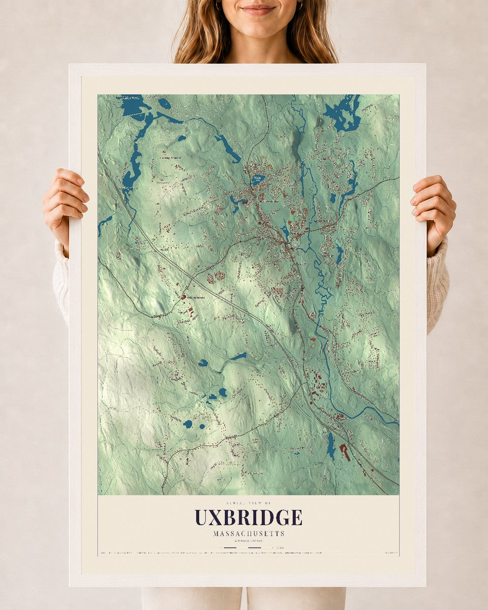 Uxbridge, Massachusetts map print - 24 x 36 white Ayous wood frame