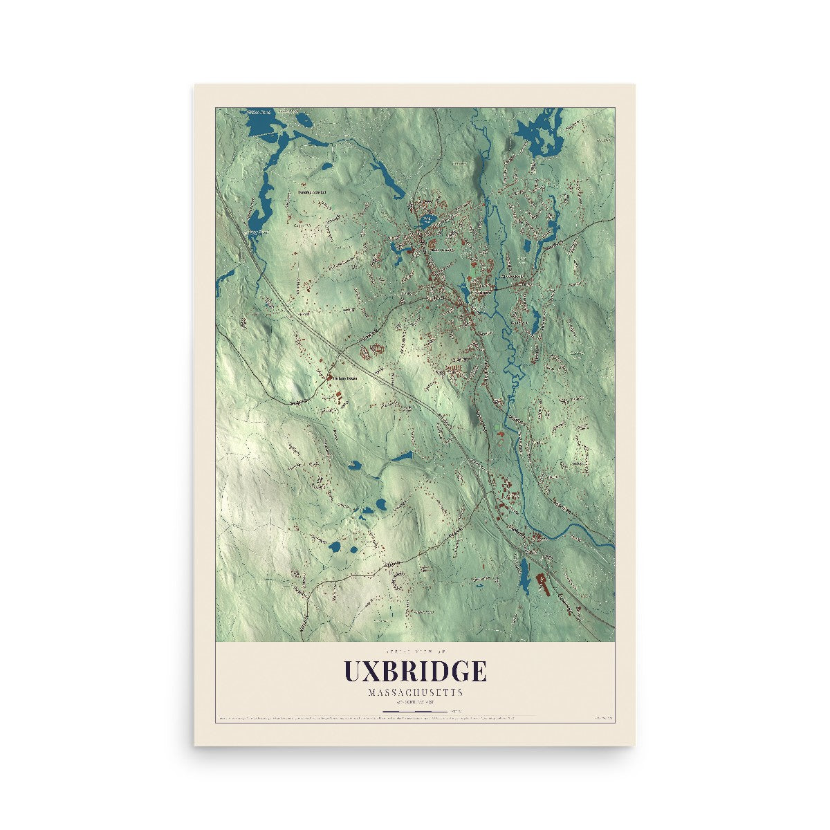 Map of Uxbridge, Massachusetts, 12 x 18 inch unframed archival matte print
