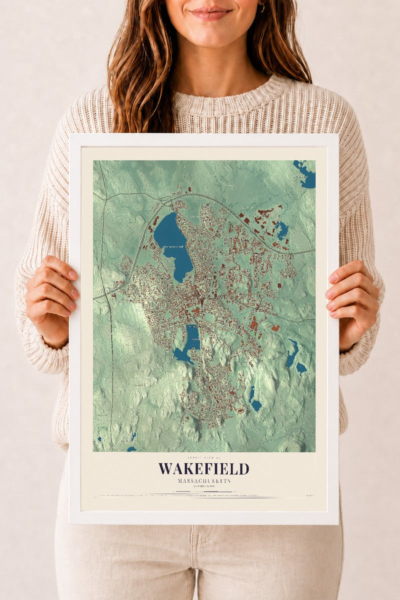 Wakefield, Massachusetts map print - 12 x 18 white Ayous wood frame