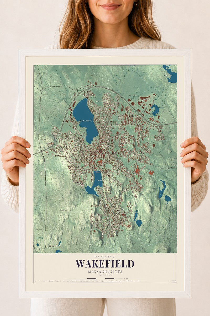 Wakefield, Massachusetts map print - 18 x 24 white Ayous wood frame