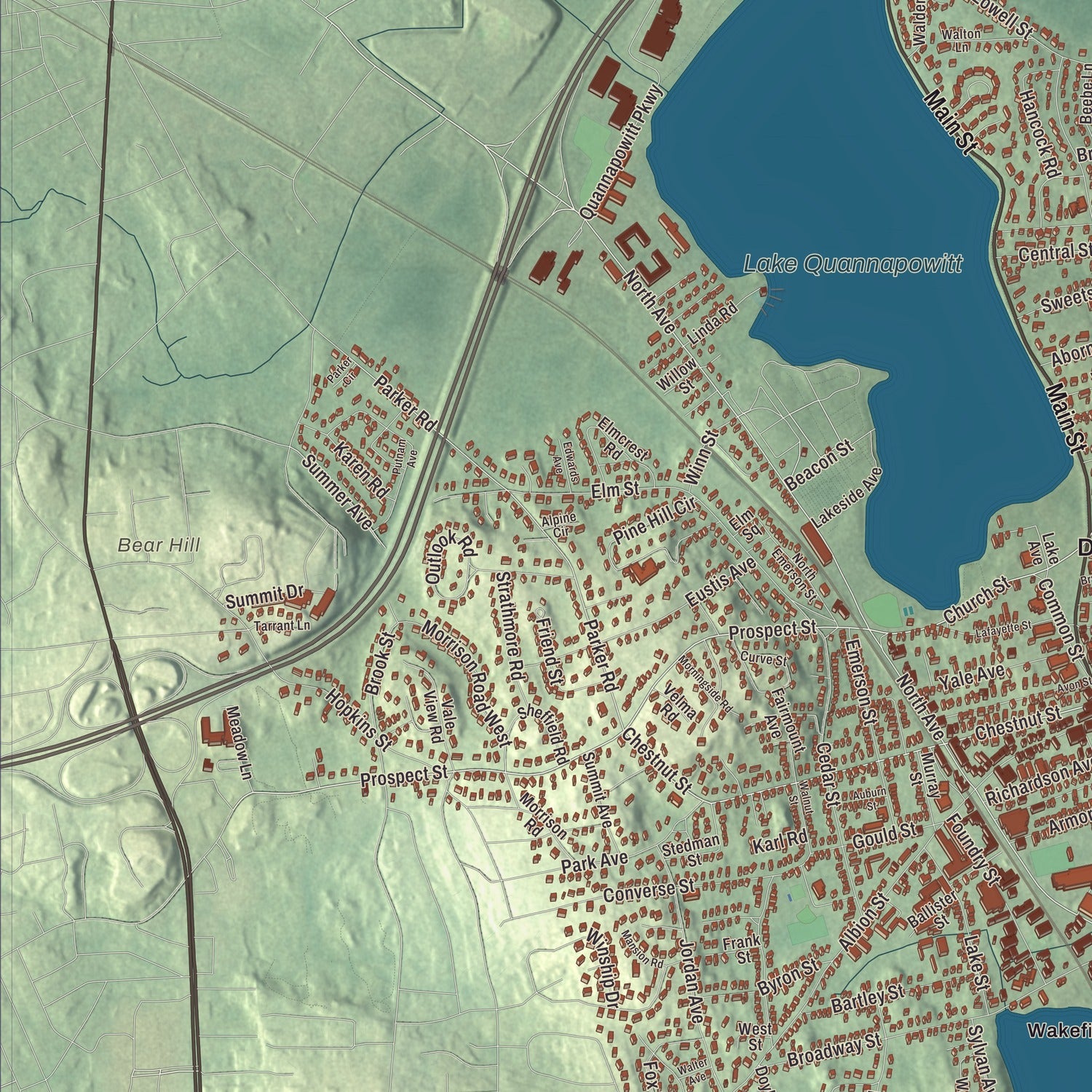 Terrain and local geography detail from the Wakefield, Massachusetts map