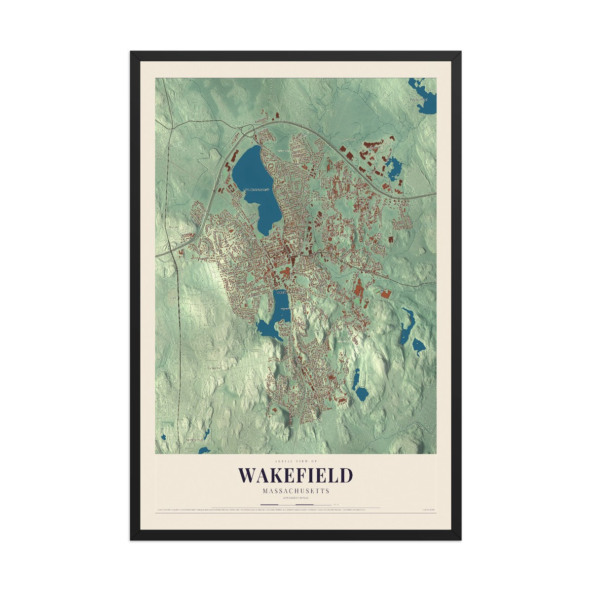 Map of Wakefield, Massachusetts, 12 x 18 inch print in a black wood frame