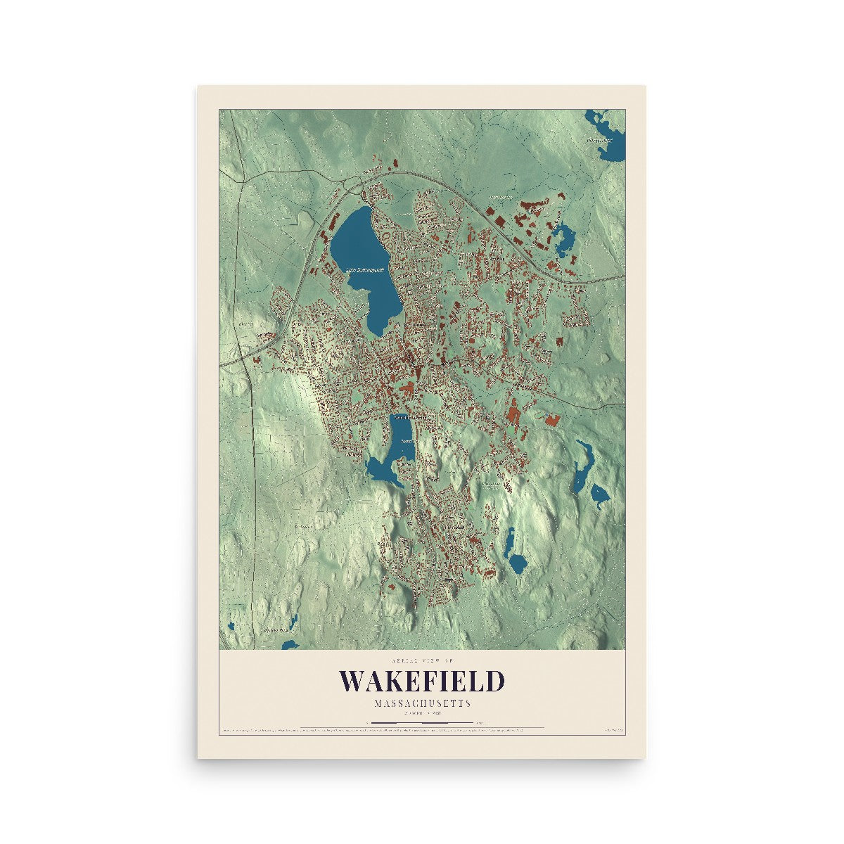 Map of Wakefield, Massachusetts, 12 x 18 inch unframed archival matte print
