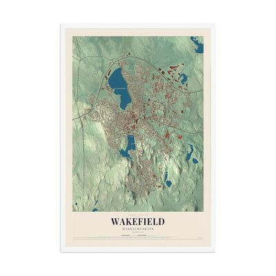 Map of Wakefield, Massachusetts, 12 x 18 inch print in a white wood frame