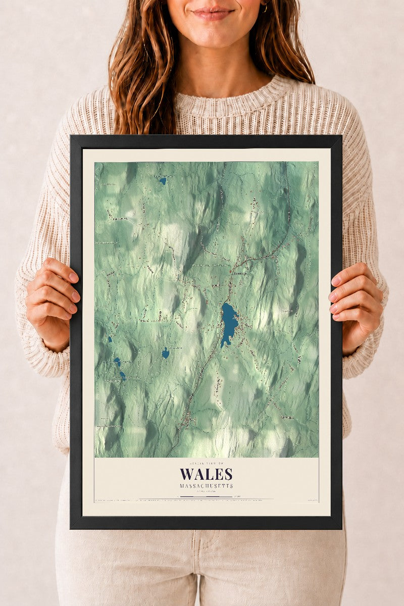 Wales, Massachusetts map print - 12 x 18 black Ayous wood frame
