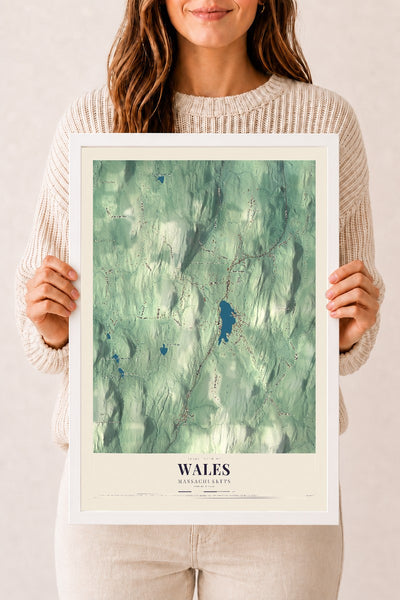 Wales, Massachusetts map print - 12 x 18 white Ayous wood frame