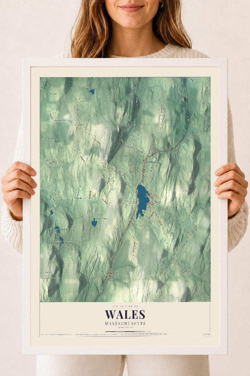 Wales, Massachusetts map print - 18 x 24 white Ayous wood frame