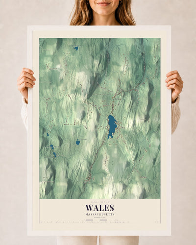 Wales, Massachusetts map print - 24 x 36 white Ayous wood frame