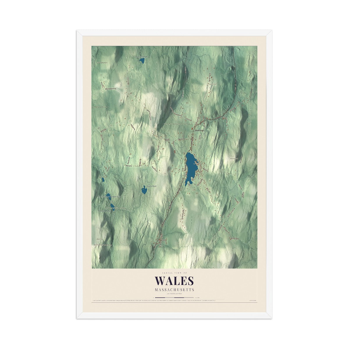 Map of Wales, Massachusetts, 12 x 18 inch print in a white wood frame