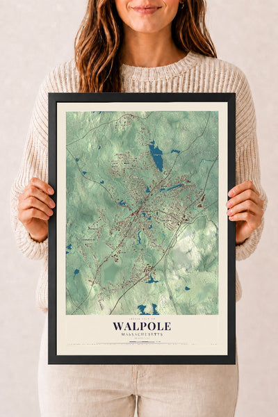 Walpole, Massachusetts map print - 12 x 18 black Ayous wood frame