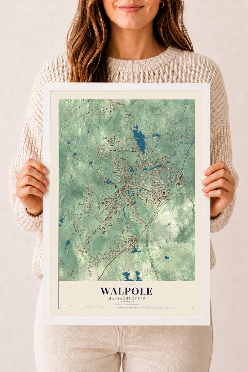 Walpole, Massachusetts map print - 12 x 18 white Ayous wood frame