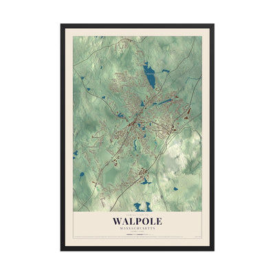 Map of Walpole, Massachusetts, 12 x 18 inch print in a black wood frame