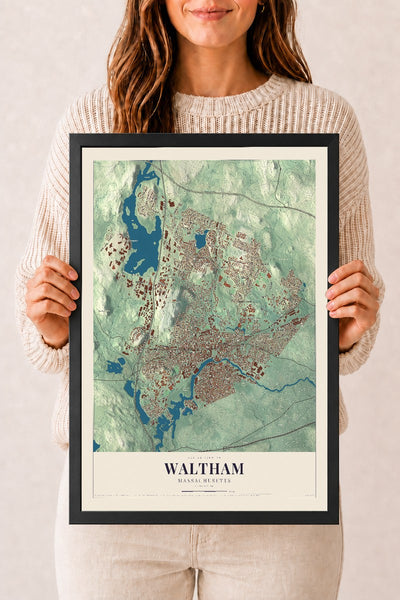 Waltham, Massachusetts map print - 12 x 18 black Ayous wood frame