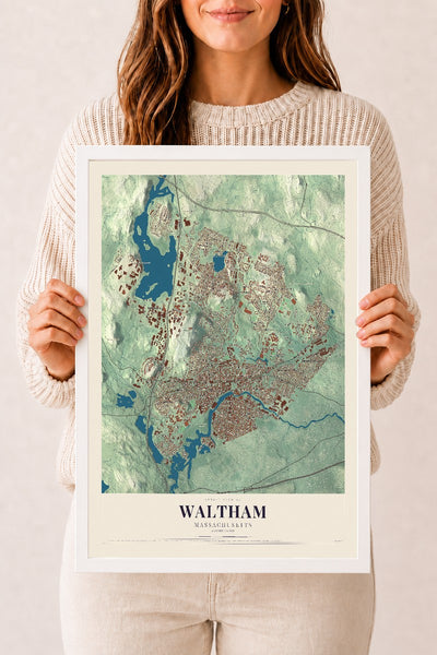 Waltham, Massachusetts map print - 12 x 18 white Ayous wood frame