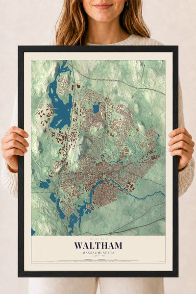 Waltham, Massachusetts map print - 18 x 24 black Ayous wood frame