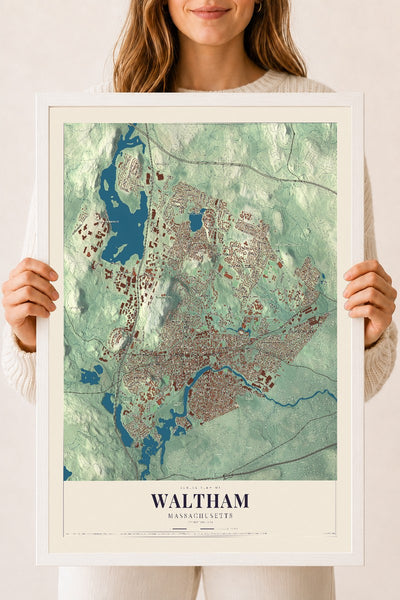 Waltham, Massachusetts map print - 18 x 24 white Ayous wood frame