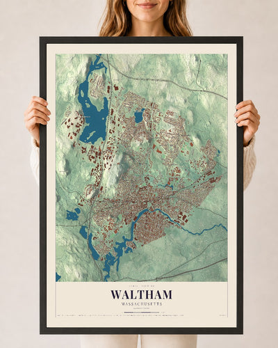 Waltham, Massachusetts map print - 24 x 36 black Ayous wood frame