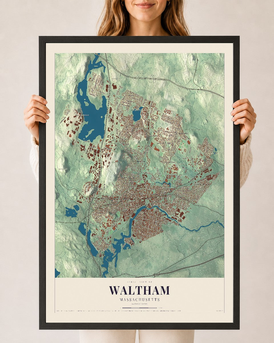 Waltham, Massachusetts map print - 24 x 36 black Ayous wood frame