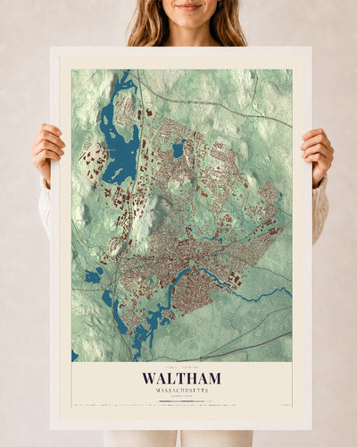 Waltham, Massachusetts map print - 24 x 36 white Ayous wood frame