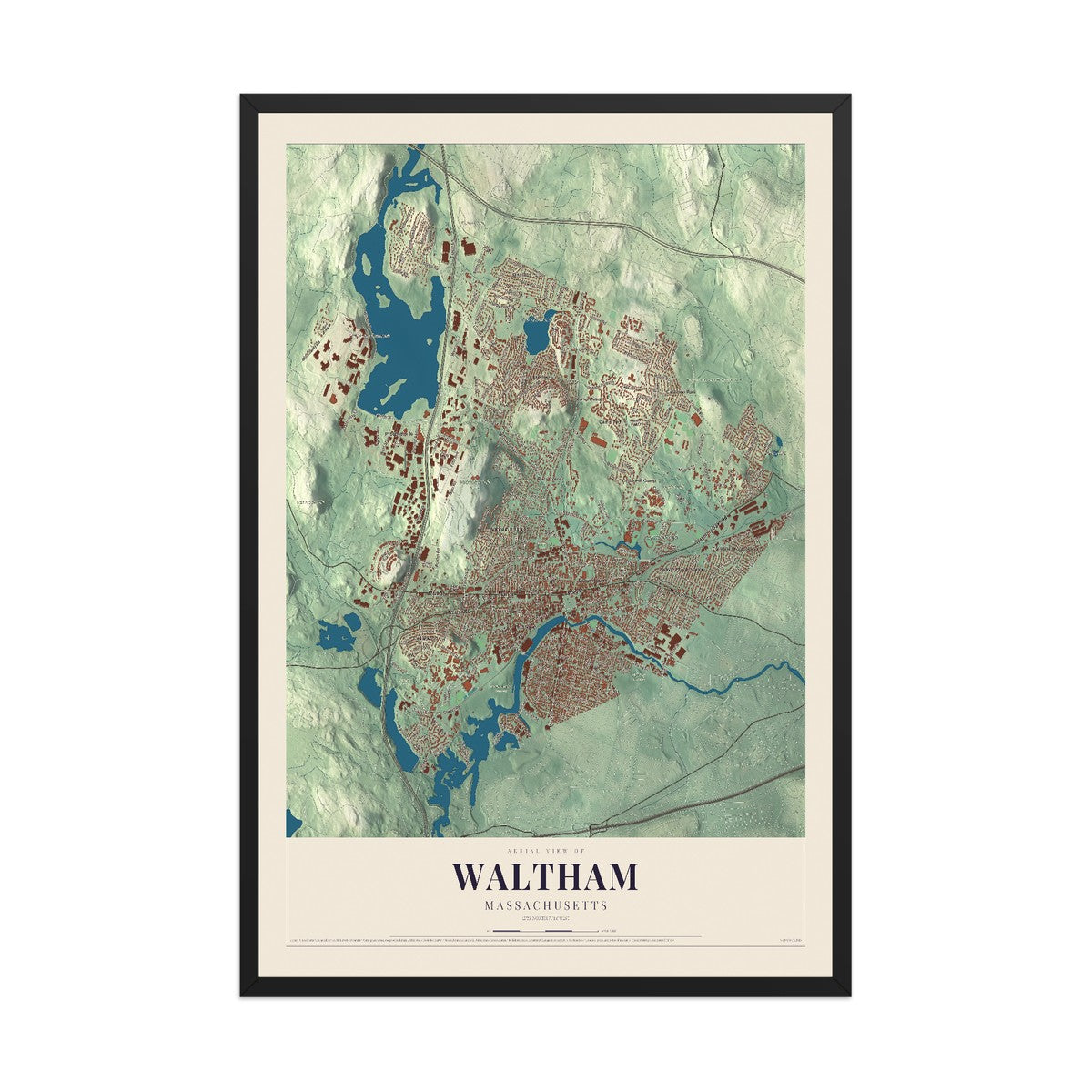 Map of Waltham, Massachusetts, 12 x 18 inch print in a black wood frame