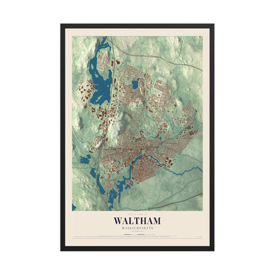 Map of Waltham, Massachusetts, 12 x 18 inch print in a black wood frame