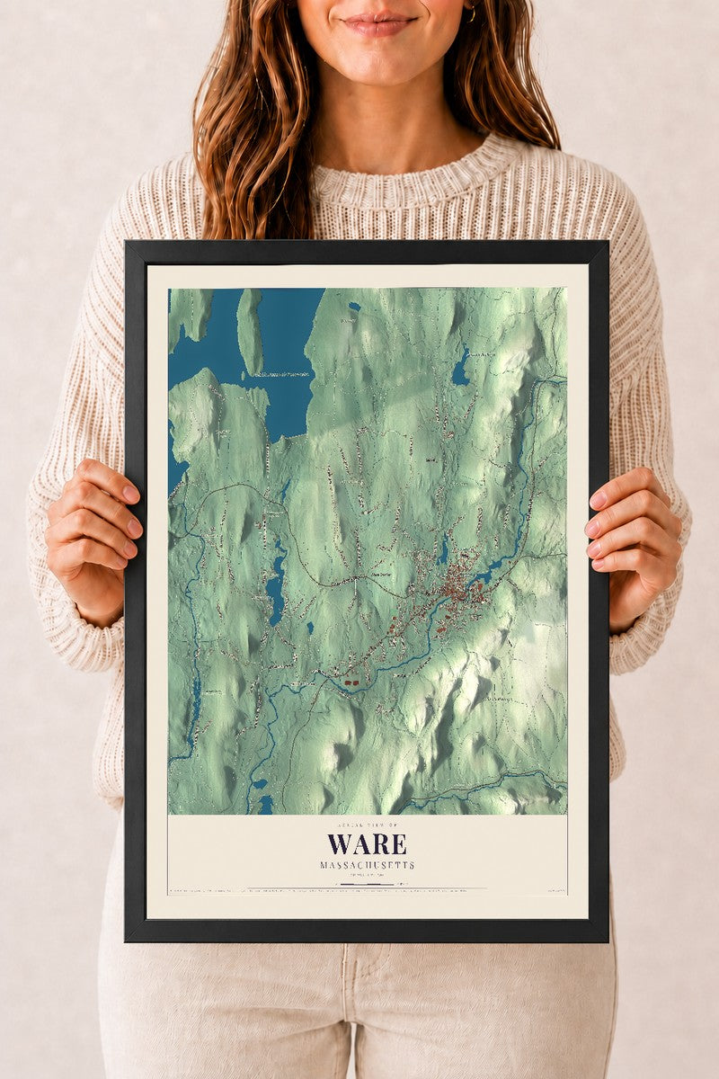 Ware, Massachusetts map print - 12 x 18 black Ayous wood frame