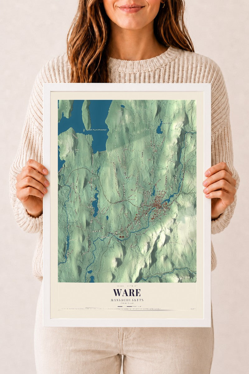 Ware, Massachusetts map print - 12 x 18 white Ayous wood frame