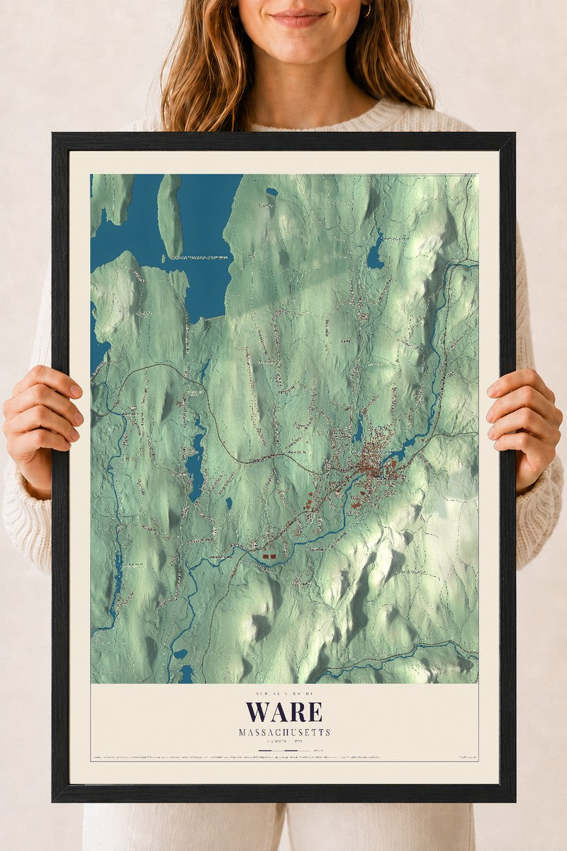 Ware, Massachusetts map print - 18 x 24 black Ayous wood frame