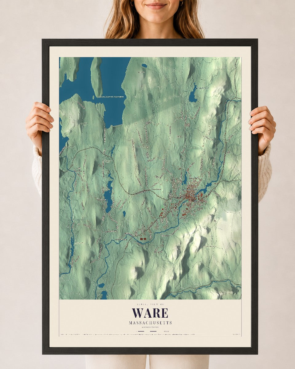 Ware, Massachusetts map print - 24 x 36 black Ayous wood frame