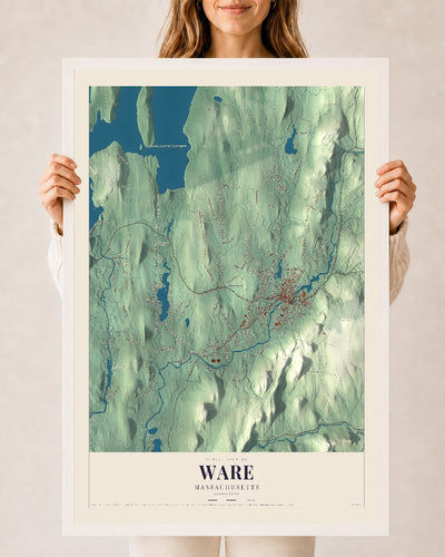 Ware, Massachusetts map print - 24 x 36 white Ayous wood frame