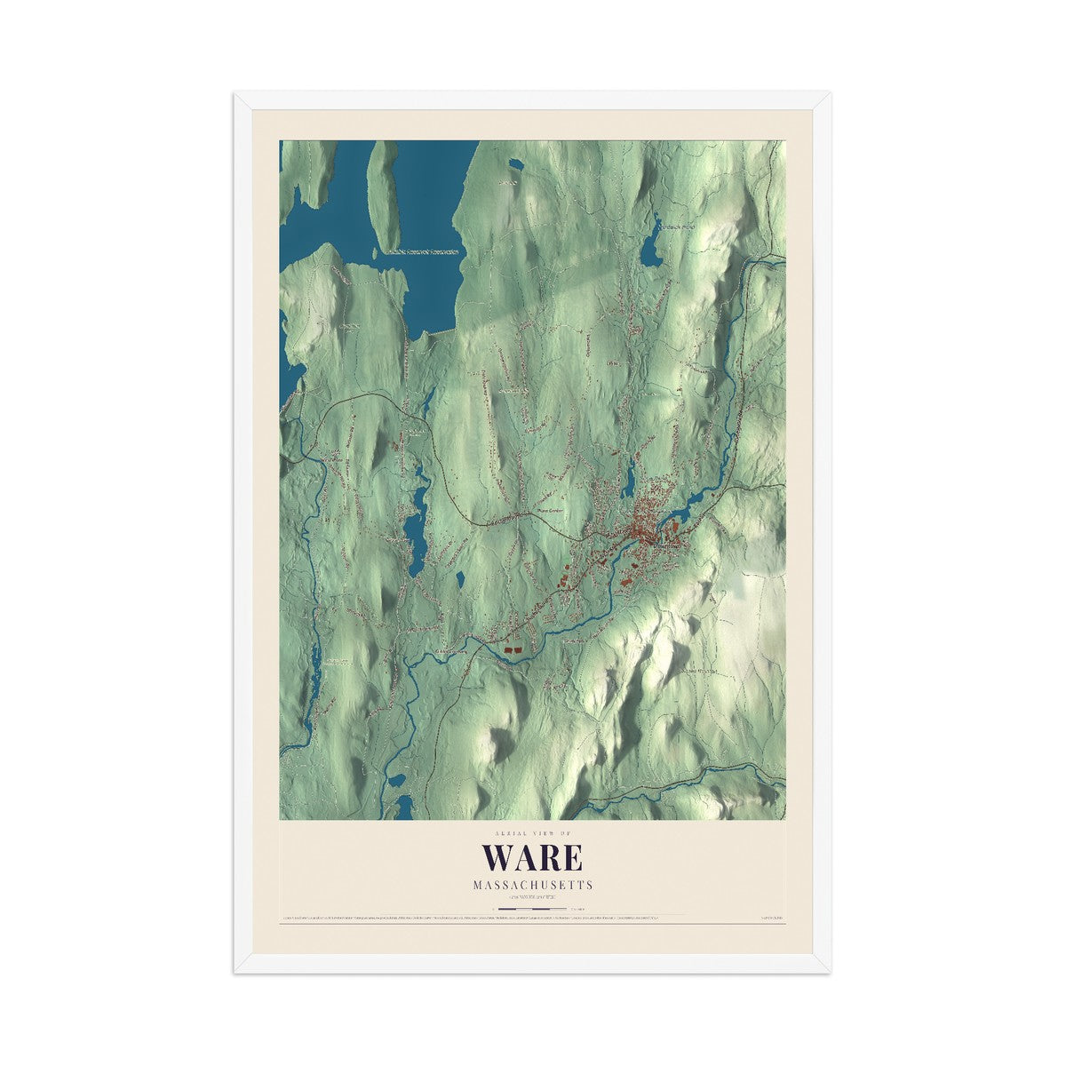 Map of Ware, Massachusetts, 12 x 18 inch print in a white wood frame