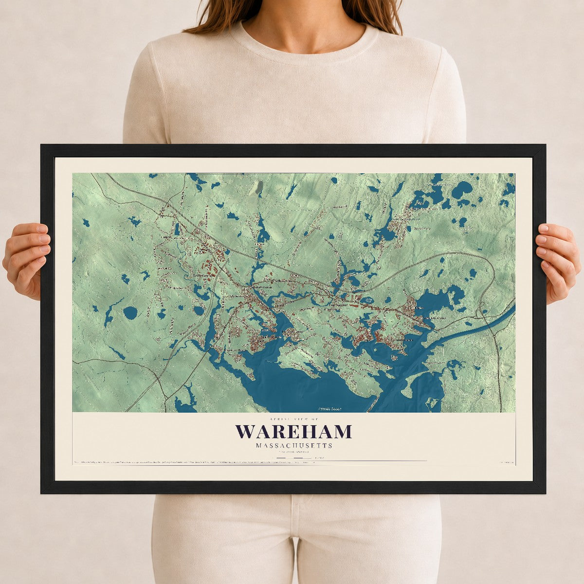 Wareham, Massachusetts map print - 12 x 18 black Ayous wood frame