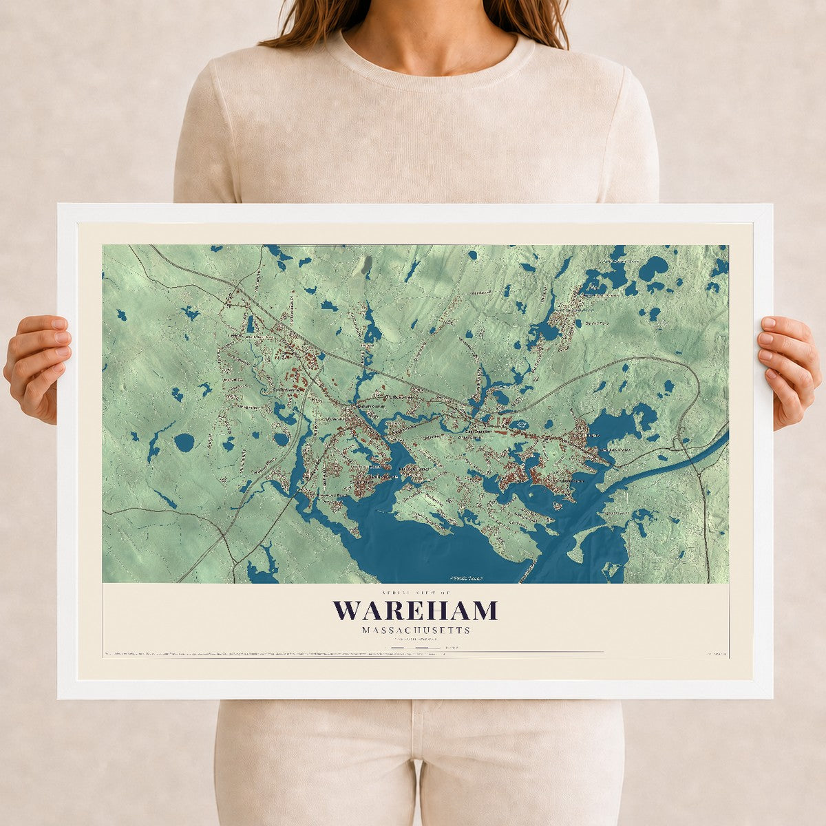 Wareham, Massachusetts map print - 12 x 18 white Ayous wood frame