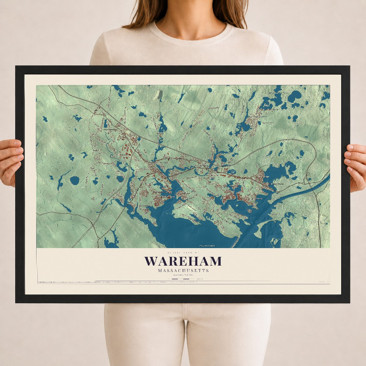 Wareham, Massachusetts map print - 18 x 24 black Ayous wood frame