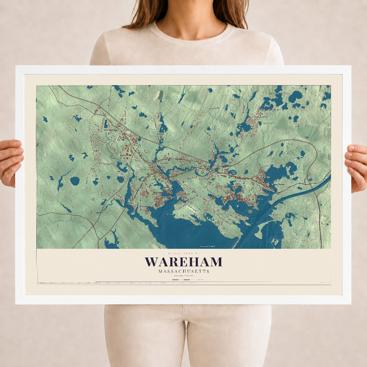 Wareham, Massachusetts map print - 18 x 24 white Ayous wood frame