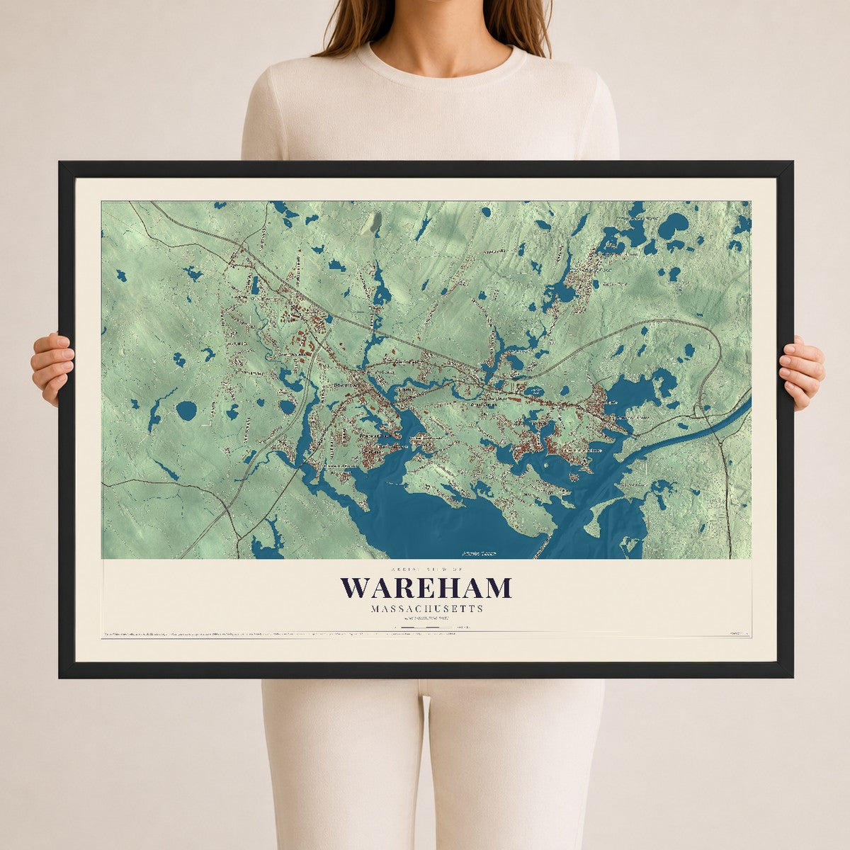 Wareham, Massachusetts map print - 24 x 36 black Ayous wood frame