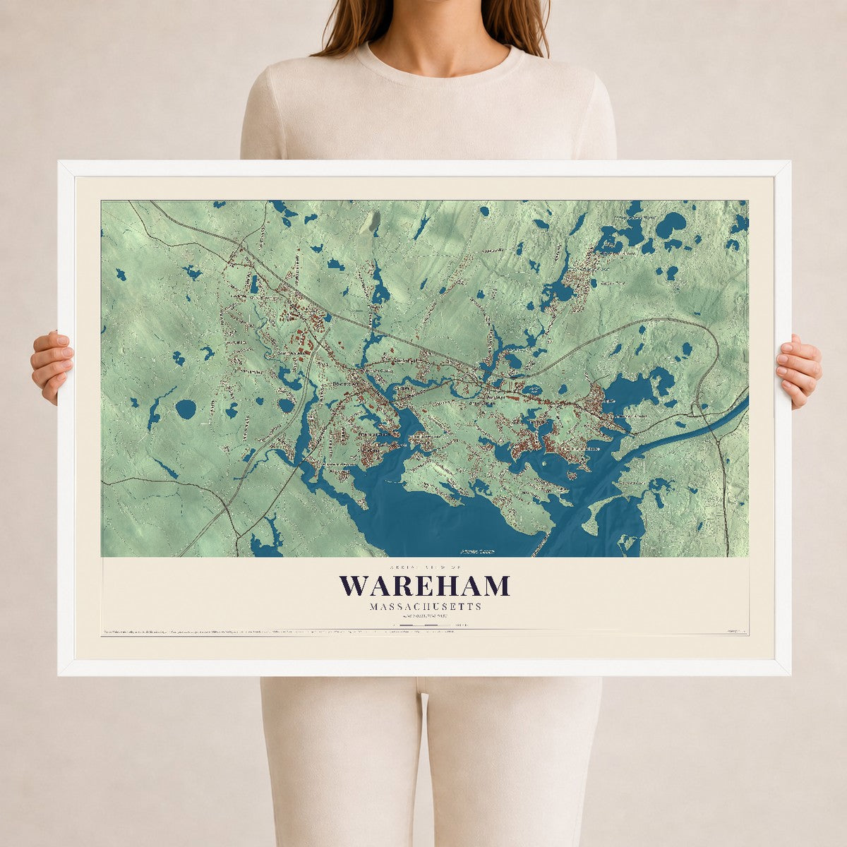 Wareham, Massachusetts map print - 24 x 36 white Ayous wood frame