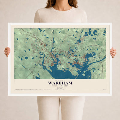 Wareham, Massachusetts map print - 24 x 36 white Ayous wood frame