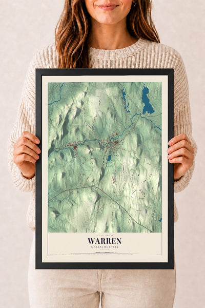 Warren, Massachusetts map print - 12 x 18 black Ayous wood frame