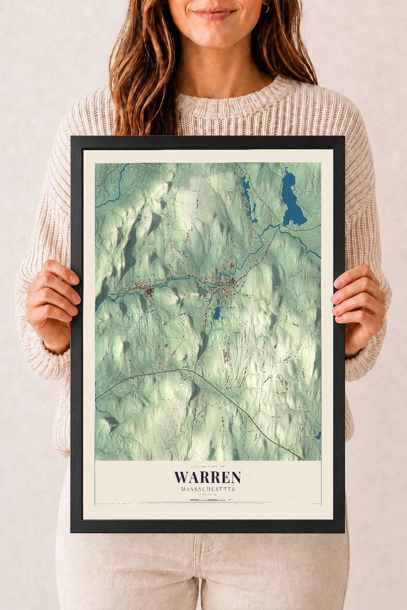 Warren, Massachusetts map print - 12 x 18 black Ayous wood frame
