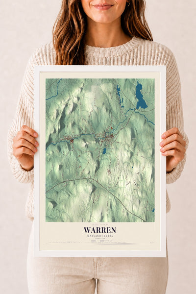 Warren, Massachusetts map print - 12 x 18 white Ayous wood frame