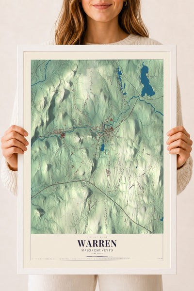Warren, Massachusetts map print - 18 x 24 white Ayous wood frame