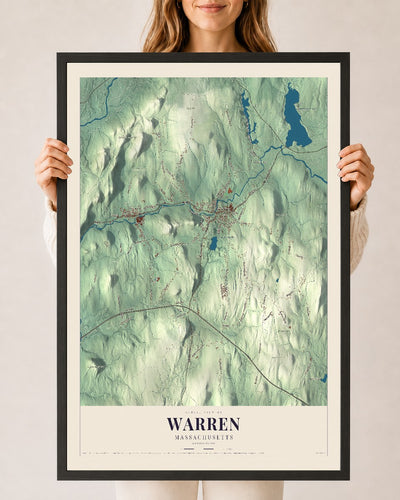 Warren, Massachusetts map print - 24 x 36 black Ayous wood frame