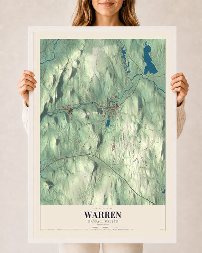 Warren, Massachusetts map print - 24 x 36 white Ayous wood frame