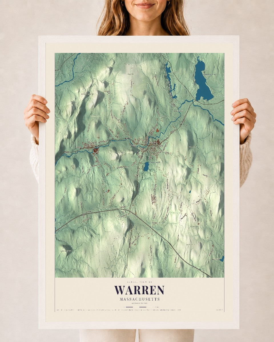 Warren, Massachusetts map print - 24 x 36 white Ayous wood frame