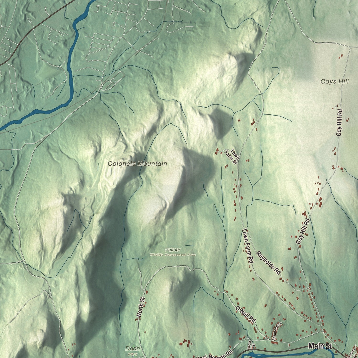 Terrain and local geography detail from the Warren, Massachusetts map